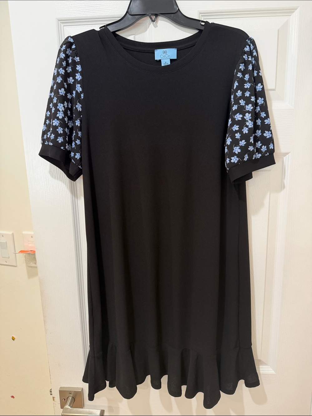 CeCe Black Ruffle-Hem Dress with Blue Floral Sleeves